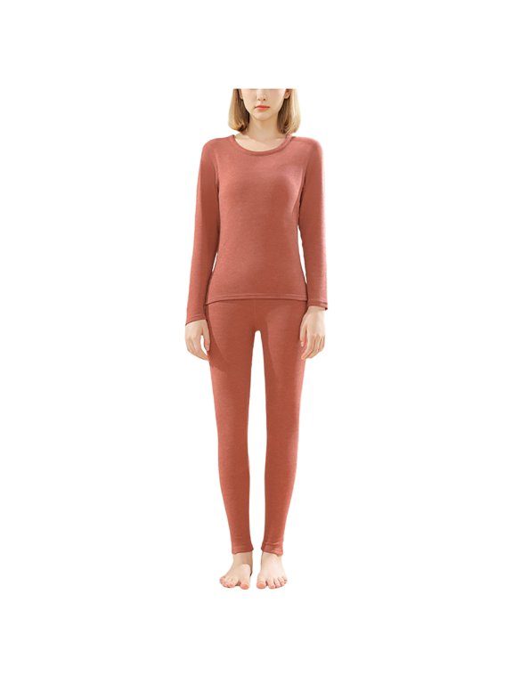 Women's Base Layer Set Solid Color Long Sleeve Tight Tops Long Johns Casual Warm Base Layer Set Orange XL