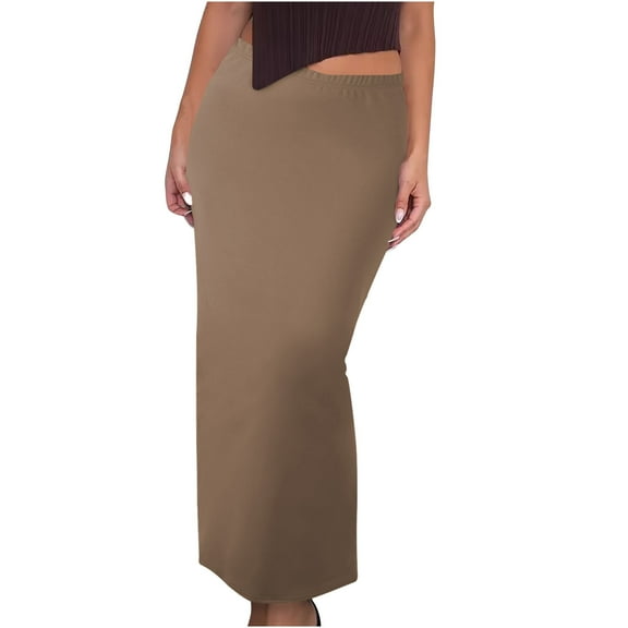 MOJOGO Women's Basic Skirts Mid Waist Bodycon Skirt Wrap Office Party Cocktail Skorts Trendy Spring Fall Maxi Skirt Coffee M
