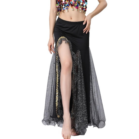 MOJOGO Women's Belly Dance Skirt High Waiste Sequin Mesh Maxi Skirt Carnival Festival Dress Side Split Performance Skirts Black
