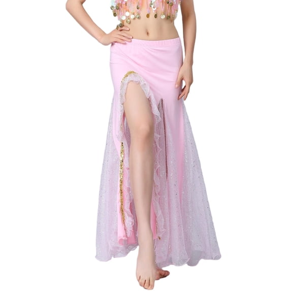 MOJOGO Women's Belly Dance Skirt High Waiste Sequin Mesh Maxi Skirt Carnival Festival Dress Side Split Performance Skirts Pink Free Size