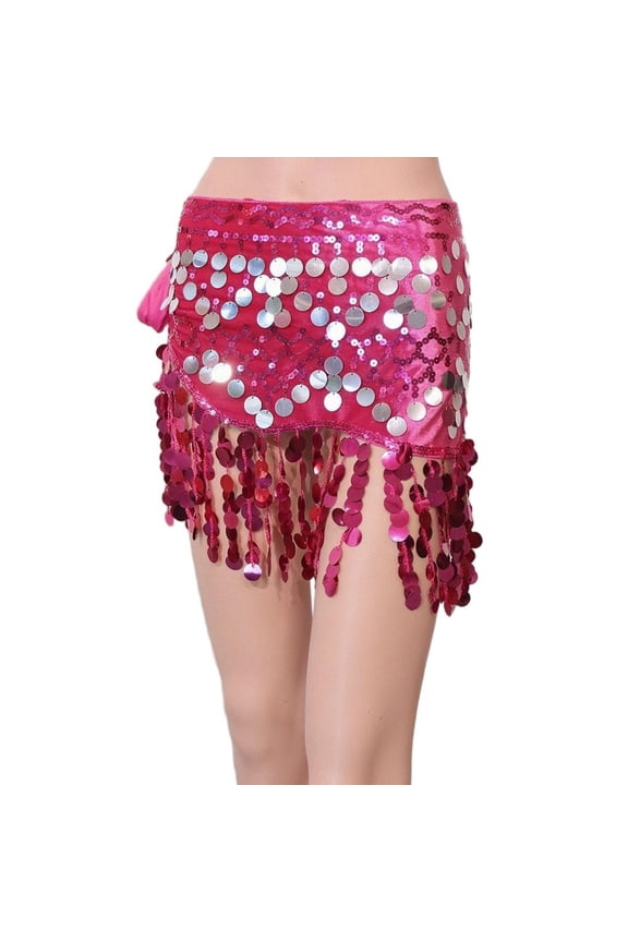 MOJOGO Women's Belly Dance Yoga Class Skirt Hip Scarf Wrap Skirt Music Festival Clothing with Sparkly Sequins Hot Pink Free Size