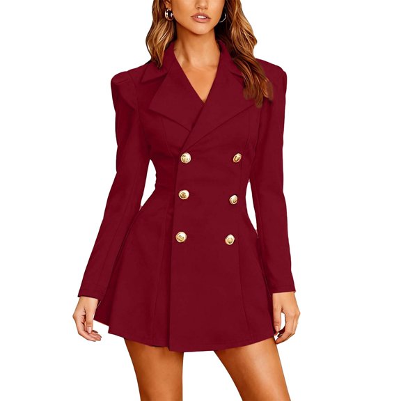 MOJOGO Women's Blazer Dresses Long Sleeve Double Breaste Lepal Jackets Office Party Dress Trendy Fall Spring Fall Outfits Wine M