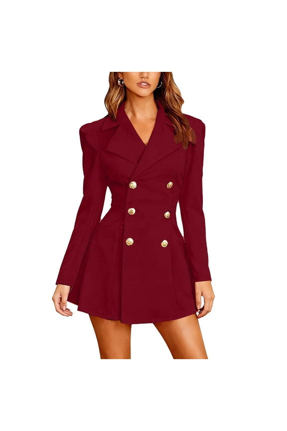 MOJOGO Women's Blazer Dresses Long Sleeve Double Breaste Lepal Jackets Office Party Dress Trendy Fall Spring Fall Outfits Wine S