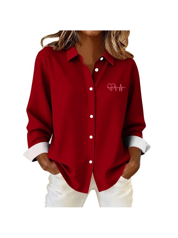 MOJOGO Women's Button-Down Shirt Casual Long Leeve Tops Valentine Gifts for Lover Trendy Spring Summer Shirts Red S