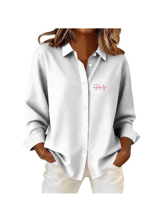 MOJOGO Women's Button-Down Shirt Casual Long Leeve Tops Valentine Gifts for Lover Trendy Spring Summer Shirts White S