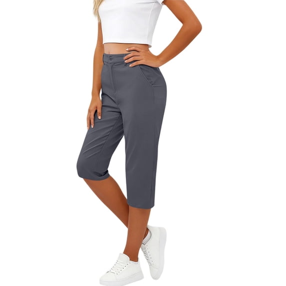 MOJOGO Women's Capri Pants High Waist Knee Length Trouser with Button Closure Casual Pants for Workout & Golf XL