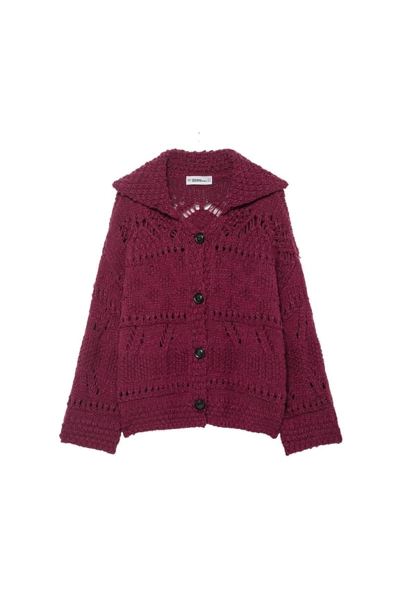 MOJOGO Women's Cardigan Sweaters Casual Long Sleeve Collared Crochet Sweater Loose Outwear Jackets for Fall Spring Hot Pink S