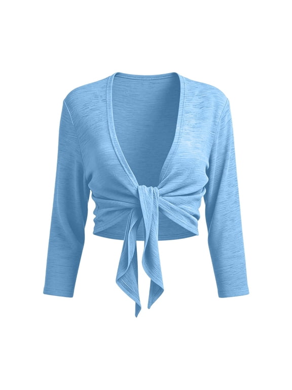 MOJOGO Women's Cardigan V Neck Tie Front Cropped Layering Soft 3/4 Sleeve Casual Party Bolero Shrugs for Dresses