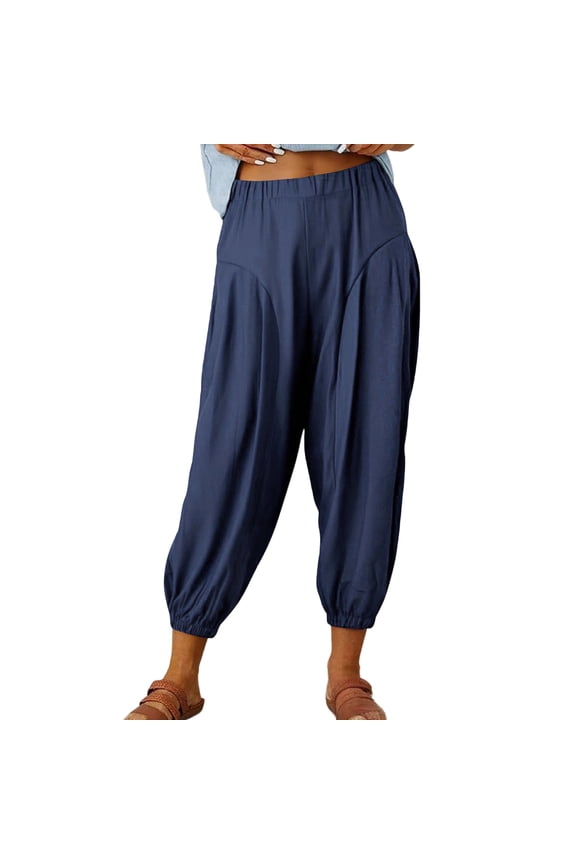 MOJOGO Women's Casual Harem Pants Loose High Waist Trouser with Elastic Waistband Lantern Cropped Pants with Pockets 2XL