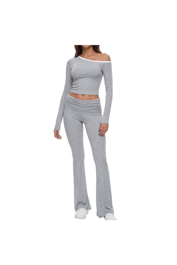 MOJOGO Women's Casual Lounge Set Solid Color One-Shoulder Tops Low Waist Flared Bottoms Sleepwear Trendy Matching Set Gray M