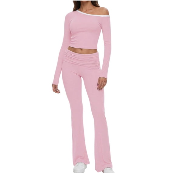 MOJOGO Women's Casual Lounge Set Solid Color One-Shoulder Tops Low Waist Flared Bottoms Sleepwear Trendy Matching Set Pink XL