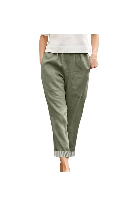 MOJOGO Women's Casual Pants Striped Rolled Cuffs Ankle Pants Lightweight Elastic Waist Palazzo Pants Spring Summer Trousers 2XL