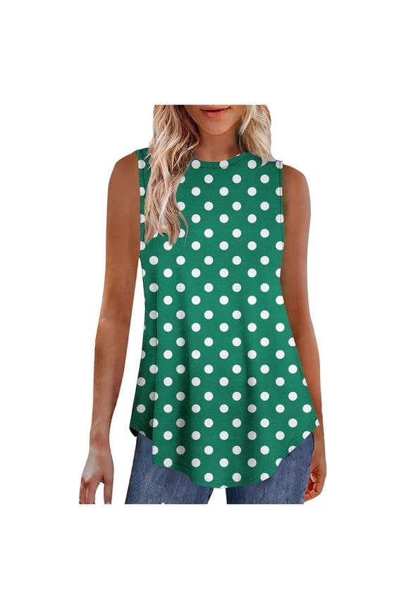MOJOGO Women's Casual Polka Dot Camisoles Loose Curved Hem Blouse Sleeveless Swing Tops for Everyday Wear Green S