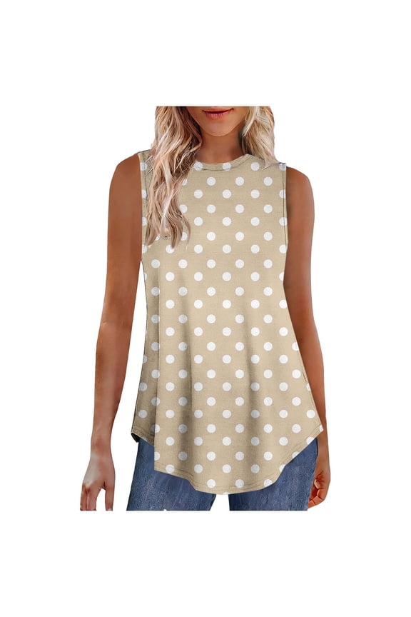 MOJOGO Women's Casual Polka Dot Camisoles Loose Curved Hem Blouse Sleeveless Swing Tops for Everyday Wear Khaki S