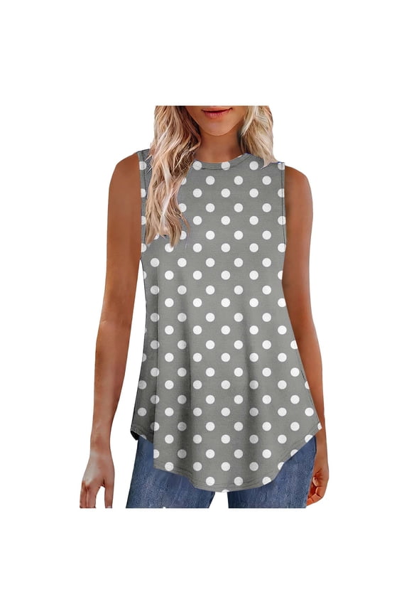 MOJOGO Women's Casual Polka Dot Camisoles Loose Curved Hem Blouse Sleeveless Swing Tops for Everyday Wear Olive Green S