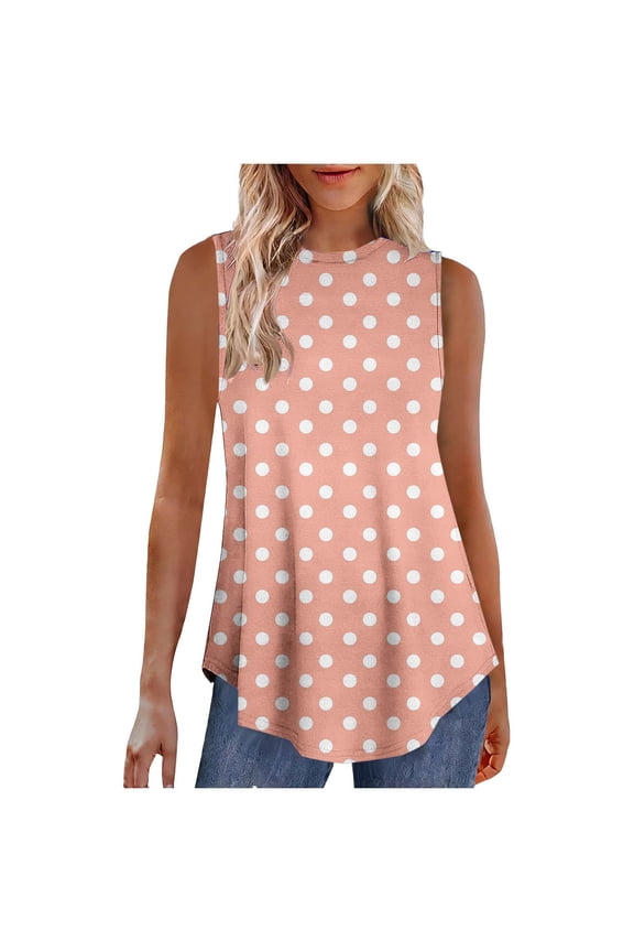 MOJOGO Women's Casual Polka Dot Camisoles Loose Curved Hem Blouse Sleeveless Swing Tops for Everyday Wear Orange S