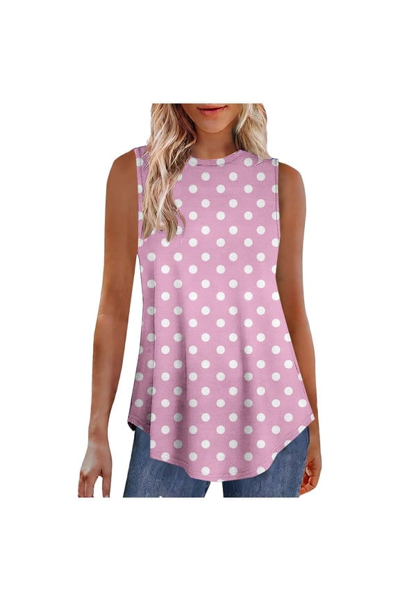 MOJOGO Women's Casual Polka Dot Camisoles Loose Curved Hem Blouse Sleeveless Swing Tops for Everyday Wear Pink 2XL