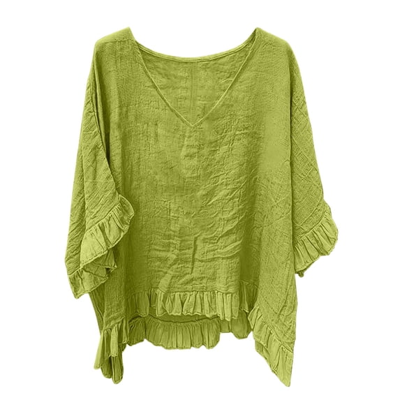 MOJOGO Women's Casual Shirts Ruffle Trim Linen Blouses V Neck Batwing Sleeve Tops Oversized Summer Outfits for Ladies Olive Green L