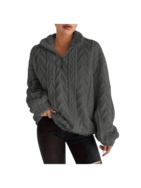 Women's Casual Tops Fleece Quarter Zipper Pullover Fuzz Long Sleeve Jacquard Shirts Comfy Loungwear Gray M