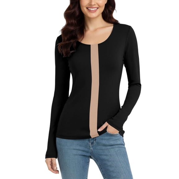 MOJOGO Women's Casual Tops Striped Color Block U Neck Base Layer Cozy Long Sleeve Pullover Top Black XL