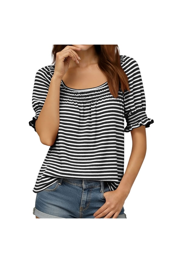 MOJOGO Women's Convertible Blouses Ruffle Half Sleeve Shirts Loose Off-the-Shoulder Tops Lightweight Elegant Top Date Daily Work Outfits Black-Striped 2XL