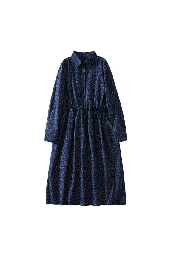 MOJOGO Women's Cotton Dress Floral Printed Drawstring Waist Dress Stand Collar Lantern Sleeve Dress Retro Spring Autumn Maxi Dress Navy 2XL