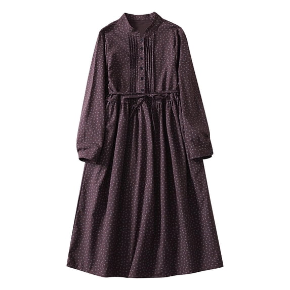MOJOGO Women's Cotton Dress Polka Dot Ruched Dress Stand Collar Lantern Sleeve Dress Retro Spring Autumn Maxi Dress Coffee L