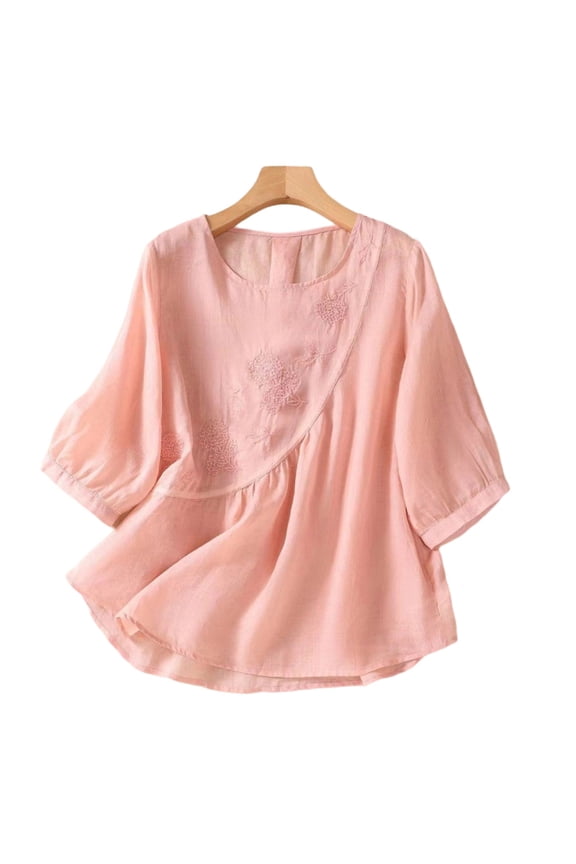 MOJOGO Women's Cotton Linen Shirts Loose Embroidered Blouse Lantern Sleeve A Line Tops Summer Going Out OutShapes Pink L
