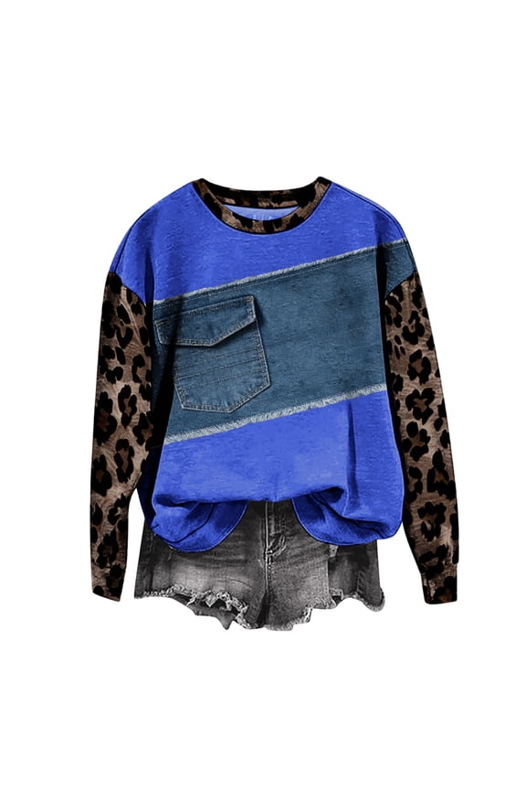MOJOGO Women's Crewneck Tops Loose Leopard Denim Patchwork Sweatshirt Street Style Pullover Tops for Spring and Fall Blue S