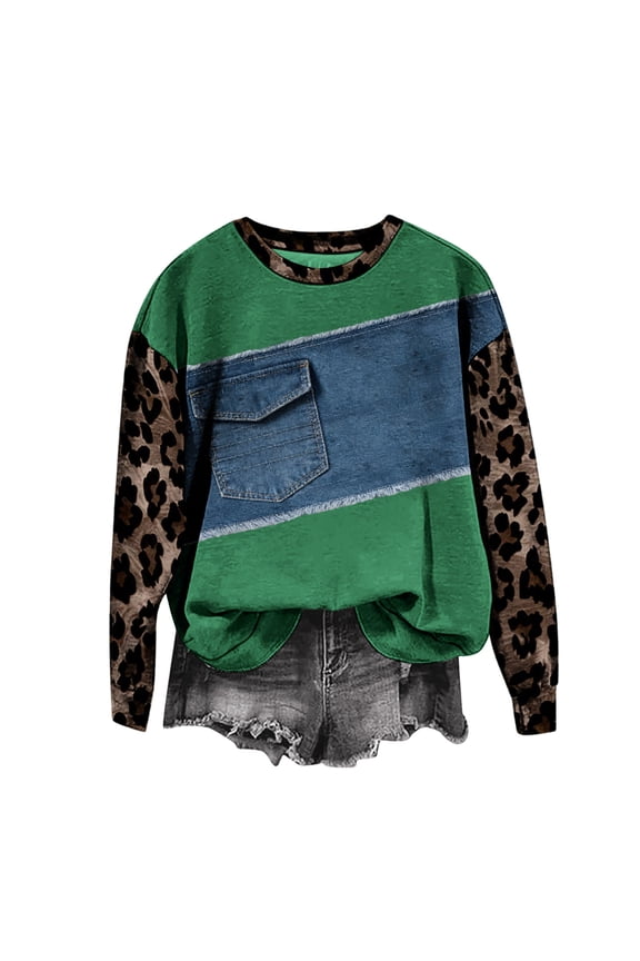 MOJOGO Women's Crewneck Tops Loose Leopard Denim Patchwork Sweatshirt Street Style Pullover Tops for Spring and Fall Green 4XL