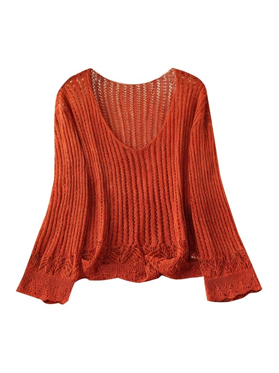 Women's Crochet Sweater Lightweight V-neck Cover Up Tops Loose Spring Summer Outfits Orange M