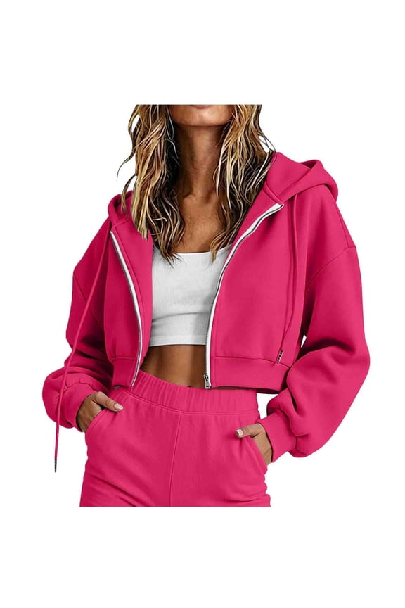MOJOGO Women's Cropped Jackets Open Front Long Sleeve Sweatshirts with Ribbed Cuff Fall Winter Solid Color Hoodie S