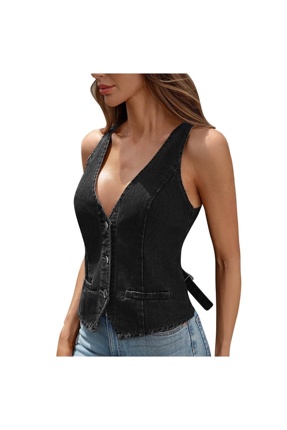 MOJOGO Women's Deep V-Neck Vest Vintage Sleeveless Button Up Waistcoat Denim Adjustable Back Band Cropped Top Black XL