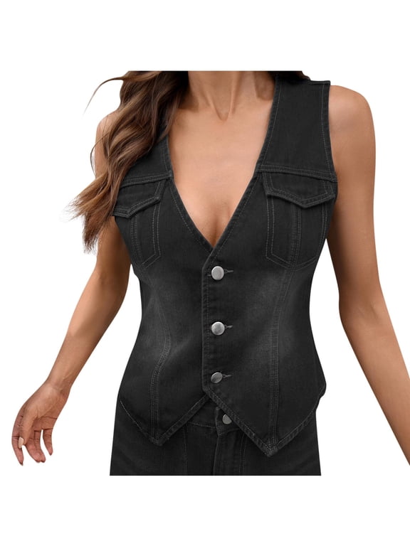 MOJOGO Women's Denim Vest Deep V Neck Tank Tops Sliming Button Front Sleeveless Cardigan Trendy Summer Outfit Black S