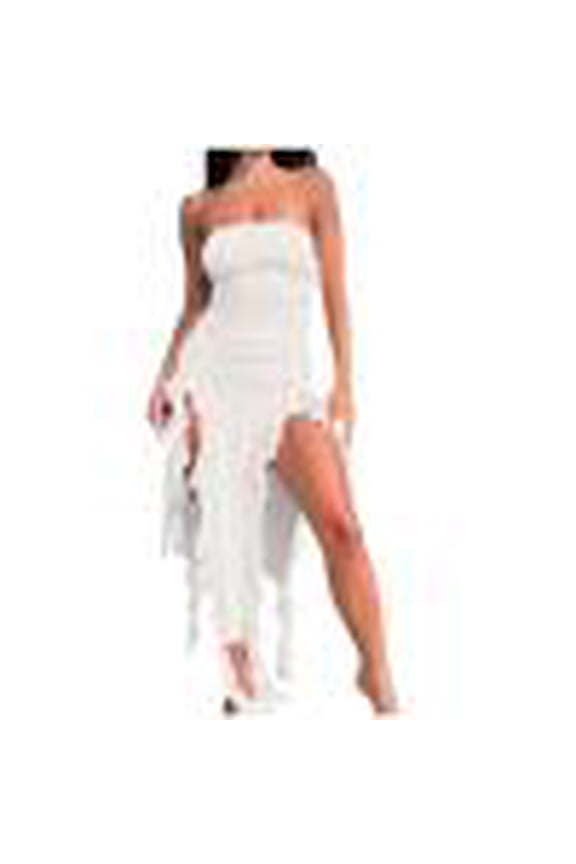 MOJOGO Women's Dress Strapless Ruched Tunic Dresses Solid Bodycon Fringe Dresss for Summer Spring Party Wear