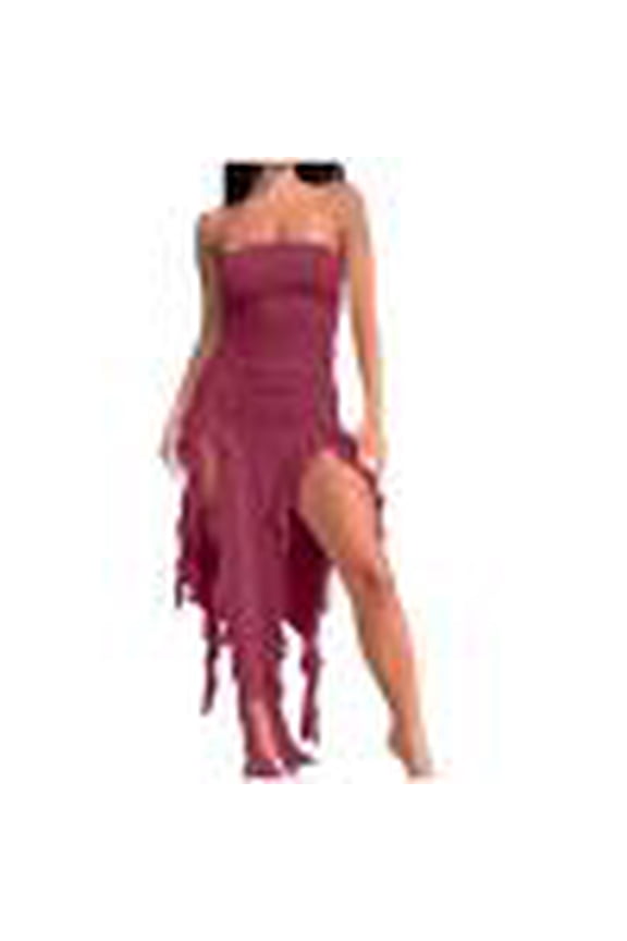 MOJOGO Women's Dress Strapless Ruched Tunic Dresses Solid Bodycon Fringe Dresss for Summer Spring Party Wear