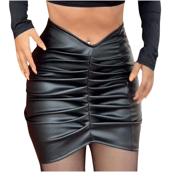 MOJOGO Women's Faux Leather Skirts Summer High Waiste Bodycon Skirt Classic Pleated Mini Skorts for Daily Wear Black M