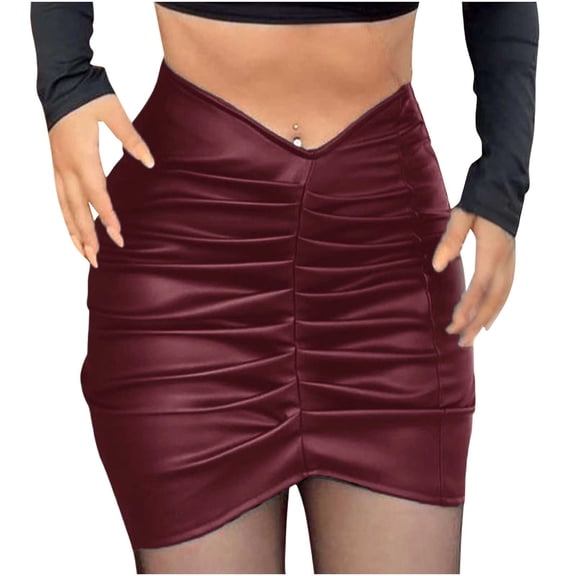 MOJOGO Women's Faux Leather Skirts Summer High Waiste Bodycon Skirt Classic Pleated Mini Skorts for Daily Wear Wine M