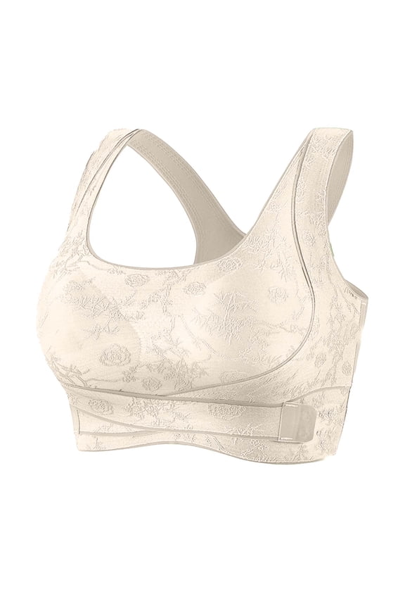 MOJOGO Women's Floral Jacquard Bras Vintage Racerback Back Wireless Bralettes Push Up Front Closure Bra L