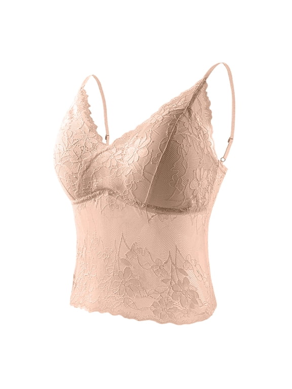 Women's Floral Lace Camisole V Neck Undershirts with Built-in Bra Long Length Summer Casual Cami Top with Adjustable Strap L
