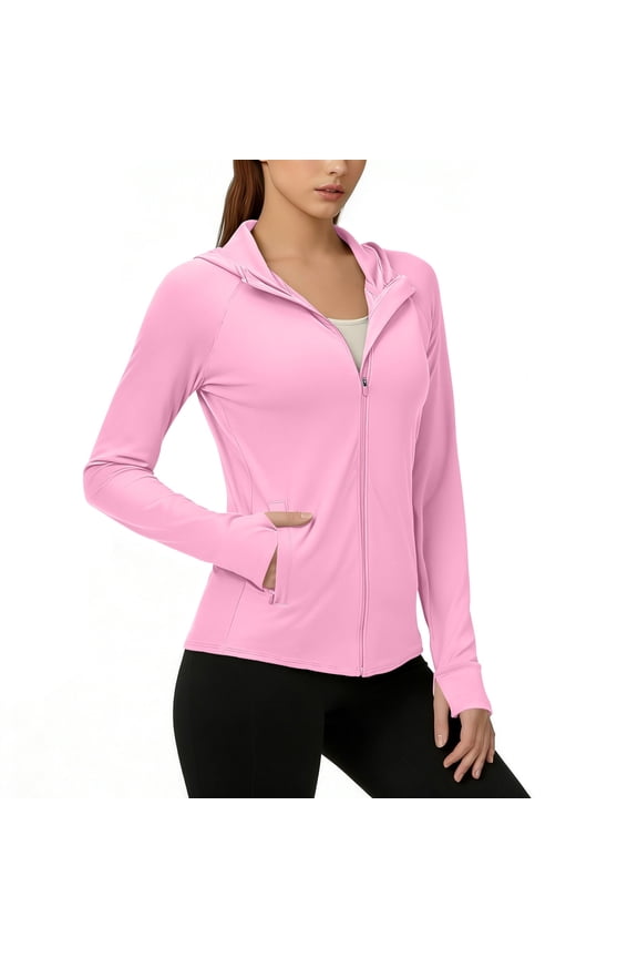 MOJOGO Women's Full Zip Hoodie Jacket Quick Dry Thumb Hole Tops with Pockets Summer Workout Jacket for Hiking Running Office S