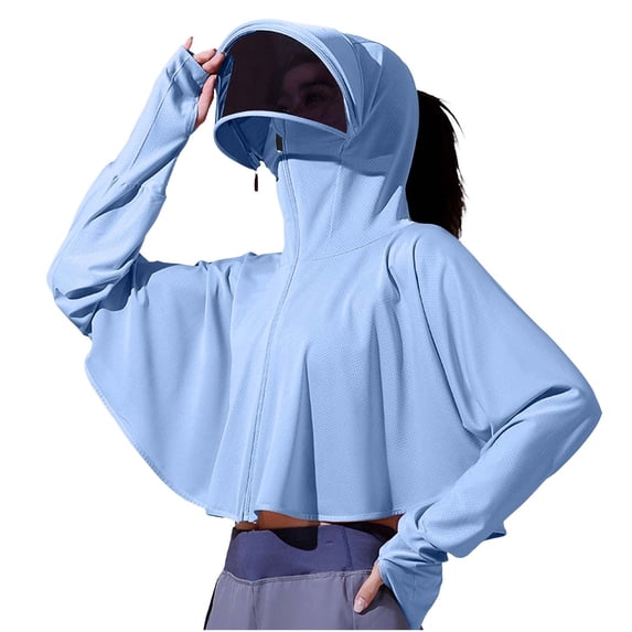 MOJOGO Women's Hooded Rush Guard Jackets Cooling Fabric Tops with Face Shield Loose Batwing Sleeve Sun Protection Jackets for Outdoor Driving Cycling Blue Free Size