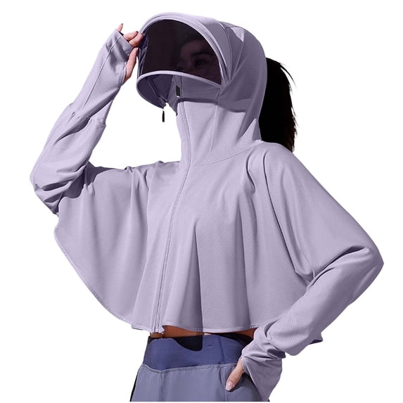 MOJOGO Women's Hooded Rush Guard Jackets Cooling Fabric Tops with Face Shield Loose Batwing Sleeve Sun Protection Jackets for Outdoor Driving Cycling Gray Free Size