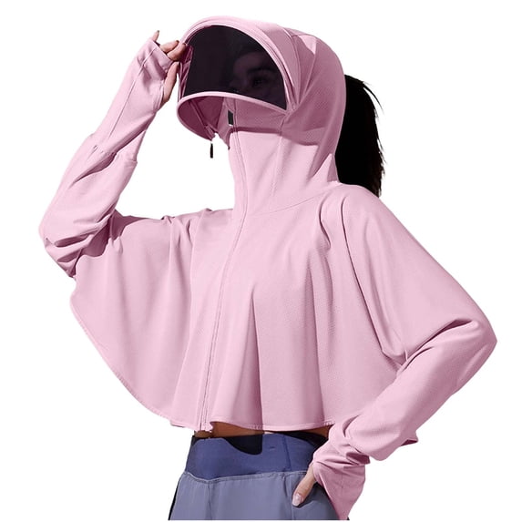 MOJOGO Women's Hooded Rush Guard Jackets Cooling Fabric Tops with Face Shield Loose Batwing Sleeve Sun Protection Jackets for Outdoor Driving Cycling Pink Free Size