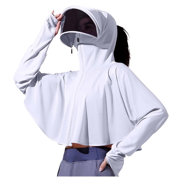 MOJOGO Women's Hooded Rush Guard Jackets Cooling Fabric Tops with Face Shield Loose Batwing Sleeve Sun Protection Jackets for Outdoor Driving Cycling White Free Size