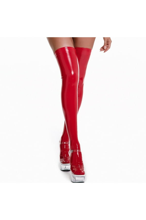 MOJOGO Women's Knee High Socks Solid PU Socks Stockings Trendy Socks for Party Dance Red 3XL