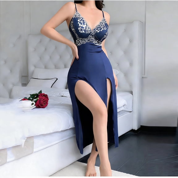 MOJOGO Women's Lace Nightgown Elegant V Neck Split Sleepwear Midi Sleep Dress with Adjustable Strap Dark Blue 2XL