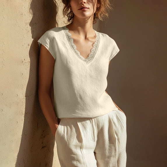 MOJOGO Women's Lace Trim Tees Lightweight Linen Blend Blouses V Neck Cap Sleeve Tops Short Summer Casual Outfits Beige XL