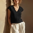 thumbnail image 1 of MOJOGO Women's Lace Trim Tees Lightweight Linen Blend Blouses V Neck Cap Sleeve Tops Short Summer Casual Outfits Black 2XL, 1 of 8