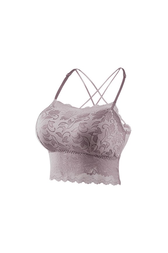 MOJOGO Women's Lace Undershirts Crisscross Back Tank Tops Wireless Bra Removable Padding Cami Purple Free Size
